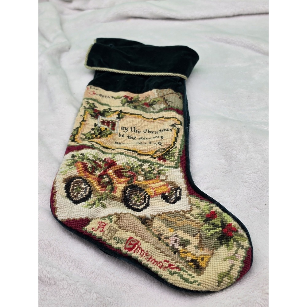Vintage BM Jabara Needlepoint‎ Wool Velvet Christmas Stocking Vtg Car With Tree